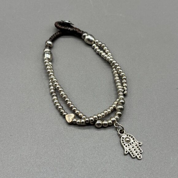 Bali Queen Hamsa Charm Silver Alloy Beaded Two Strand Waxed Linen Boho Bracelet - Picture 1 of 5